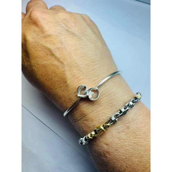Estate Sterling Silver 925 Bangle Bracelet Two Hearts Diamond Accents 6" 14.9g - Picture 9 of 11
